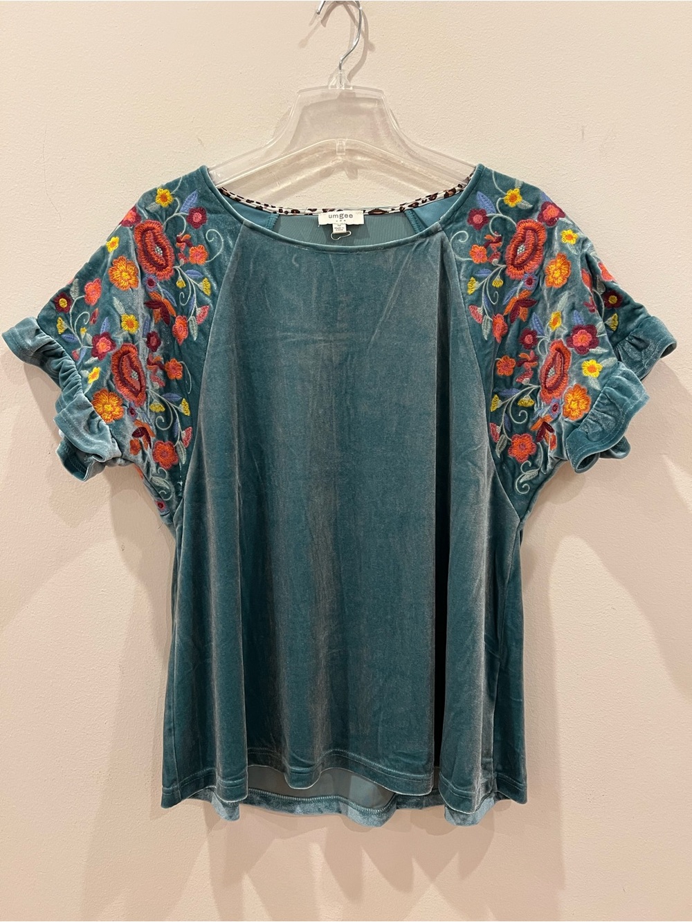Umgee Top Womens Medium Blue Teal Velvet Embroidered Boho Peasant Ruffle Tunic